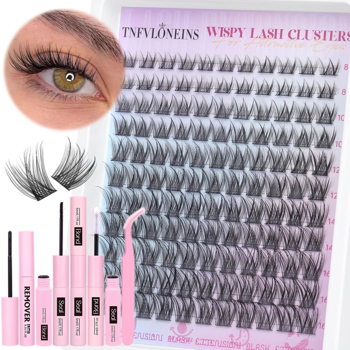 Natural Lash Clusters Kit Natural Eyelash Clusters C Curl Lash Extension Kit 8-16mm Eyelash Extension Kit DIY Individual Lashes Cluster Eyelash Extensions with Lash Remover by TNFVLONEINS