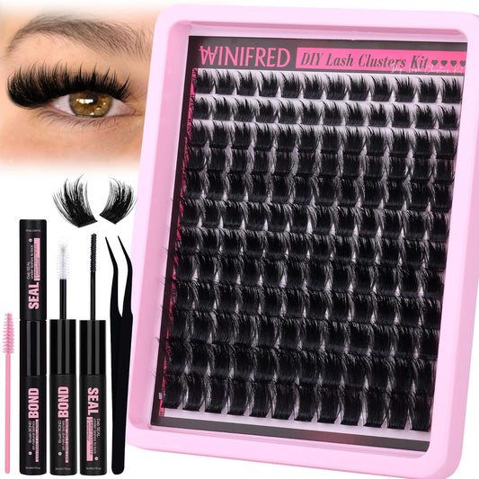 Winifred Lash Clusters Kit Fluffy Lash Extension Kit Fairy Wispy Eyelash Clusters Thick Volume Cluster Eyelash Extensions 10-18mm Lash Clusters with Spikes Lash Kit with Lash Bond and Seal