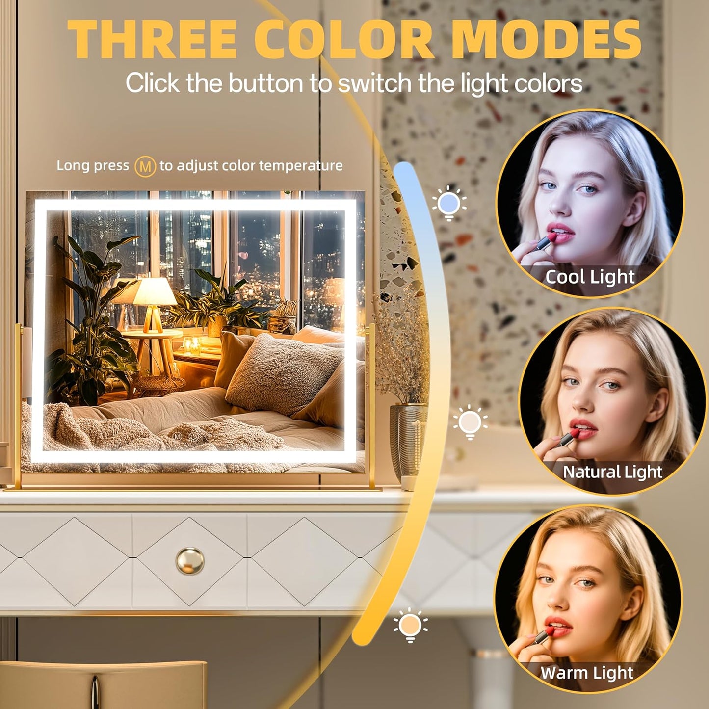 Vanity Mirror with Lights, 24'' x 20'' Lighted Makeup Mirror, Touch Screen with 3-Color Lighting, Dimmable for Vanity Desk Tabletop Square Gold