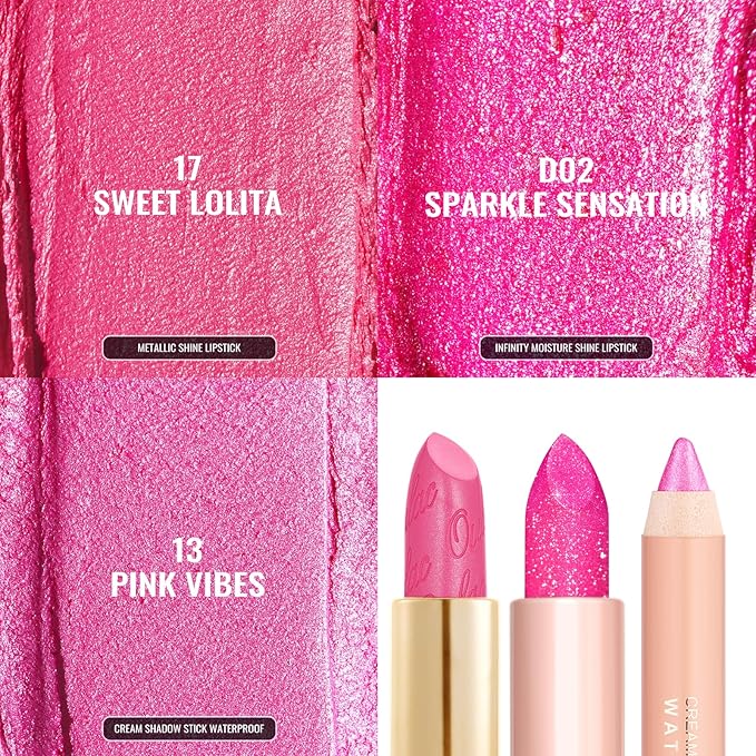 Oulac 3PCS Pink Lipstick Set | Metallic Lipstick, Moisturizing Lipstick, Lip Liner Stick | Smooth & Vegan | Ideal for Makeup Enthusiasts