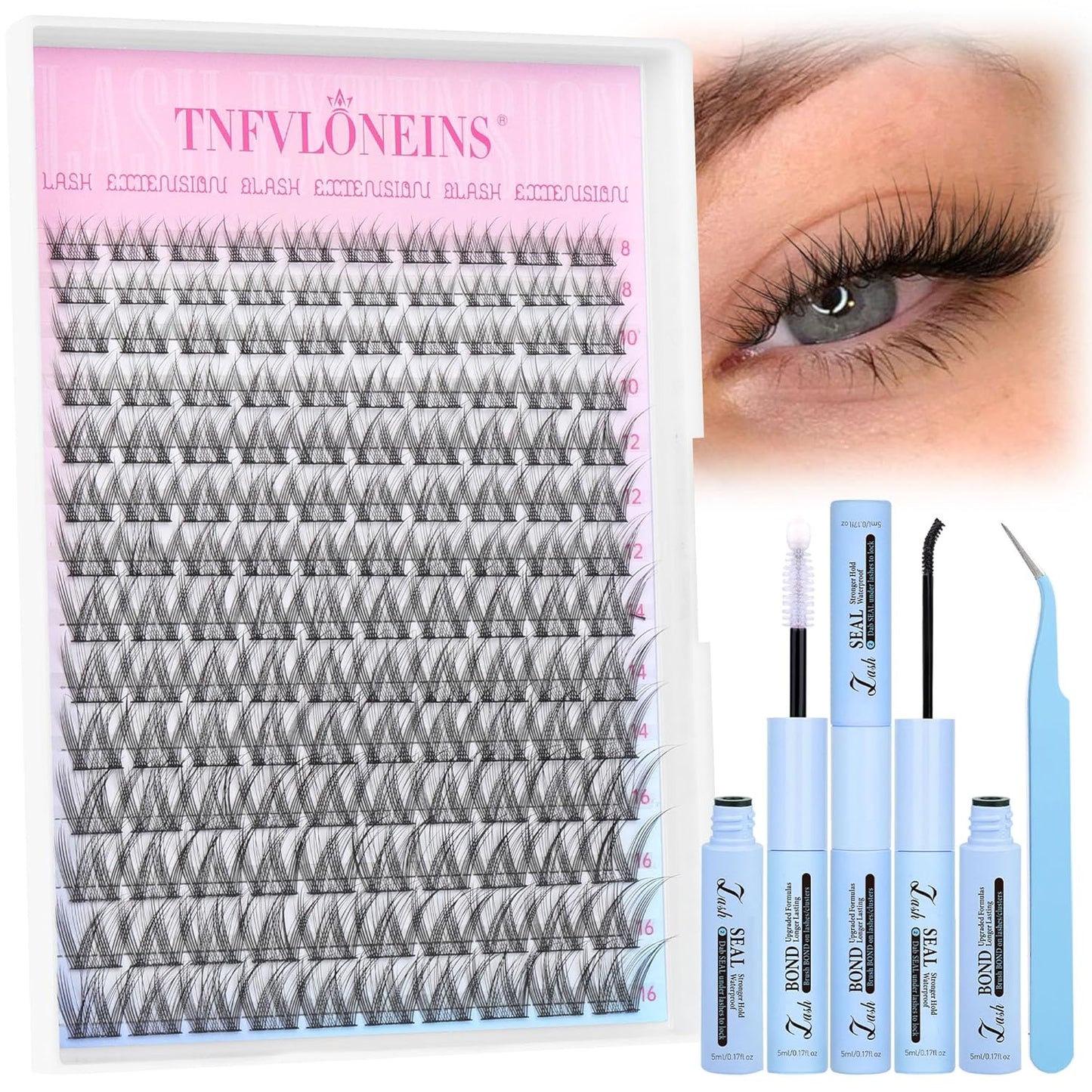 TNFVLONEINS Lash Clusters Kit 8-16mm Eyelash Clusters Kit Natural Lash Extension Kit Wispy Widespan DIY Eyelash Extension Kit Individual Lashes Cluster with Bond and Seal and Tweezers