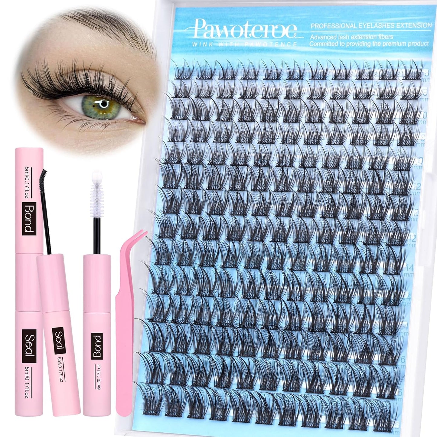 Pawotence Lash Clusters Kit Wispy Lash Extension Kit 8-16mm Natural Cluster Eyelash Extension Kit Individual Lashes 154pcs Eyelash Clusters with Lash Bond and Seal, Lash Tweezers for Self Use