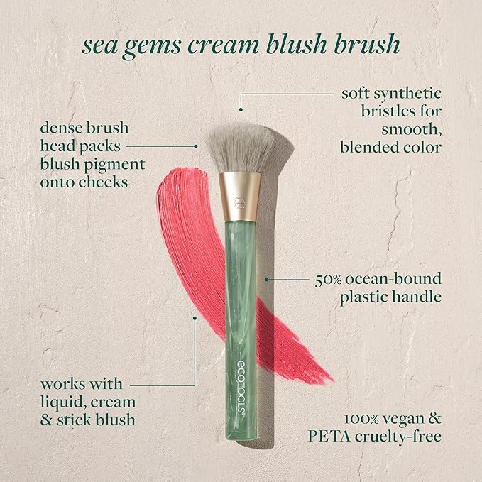 EcoTools Sea Gems Cream Blush Brush, Liquid & Cream Blush Makeup Brush for Smooth Buildable Cheek Color, Dense Rounded Bristles, Sustainable Design, Vegan & Cruelty-Free, 1 Count